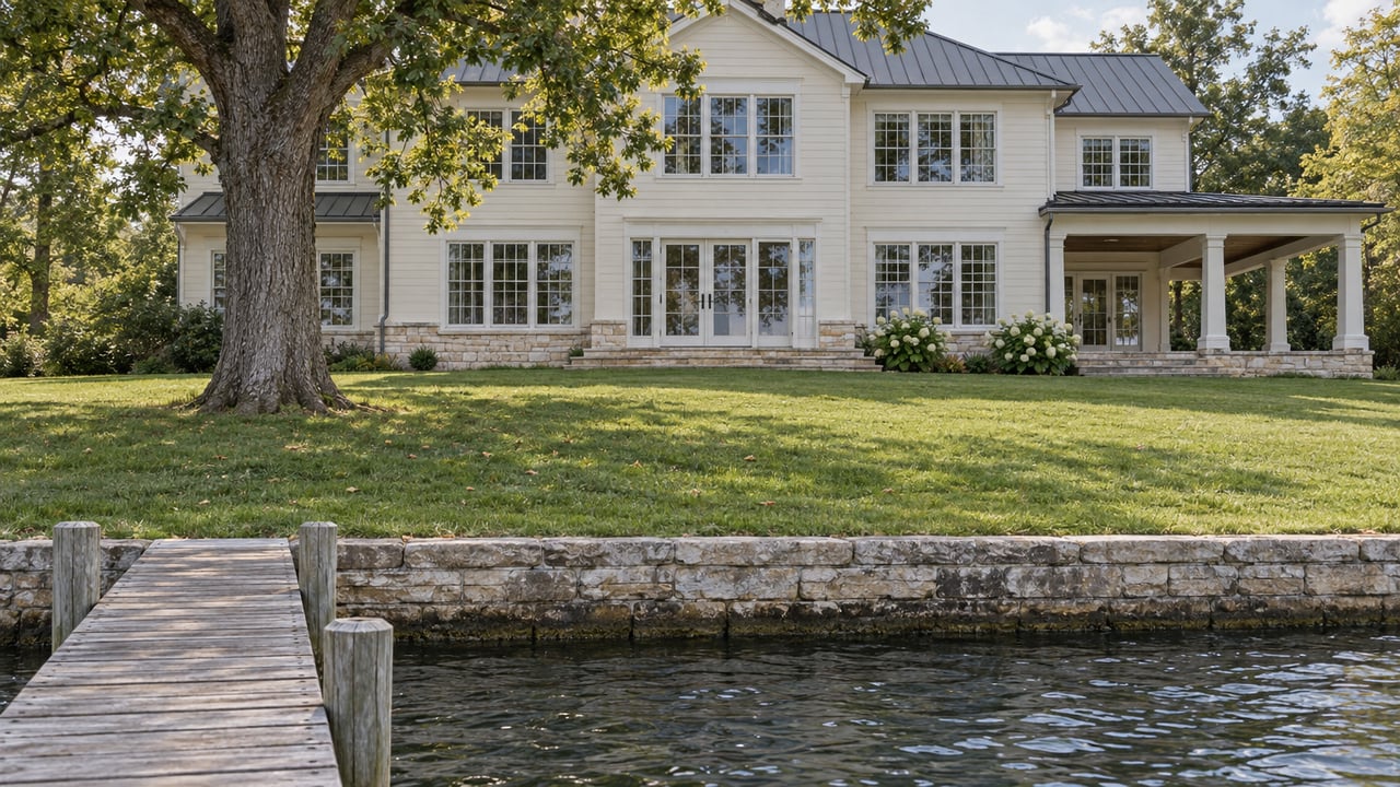 Lakefront house with cream siding, a white oak on the lawn, and a narrow timber pier at the water’s edge.