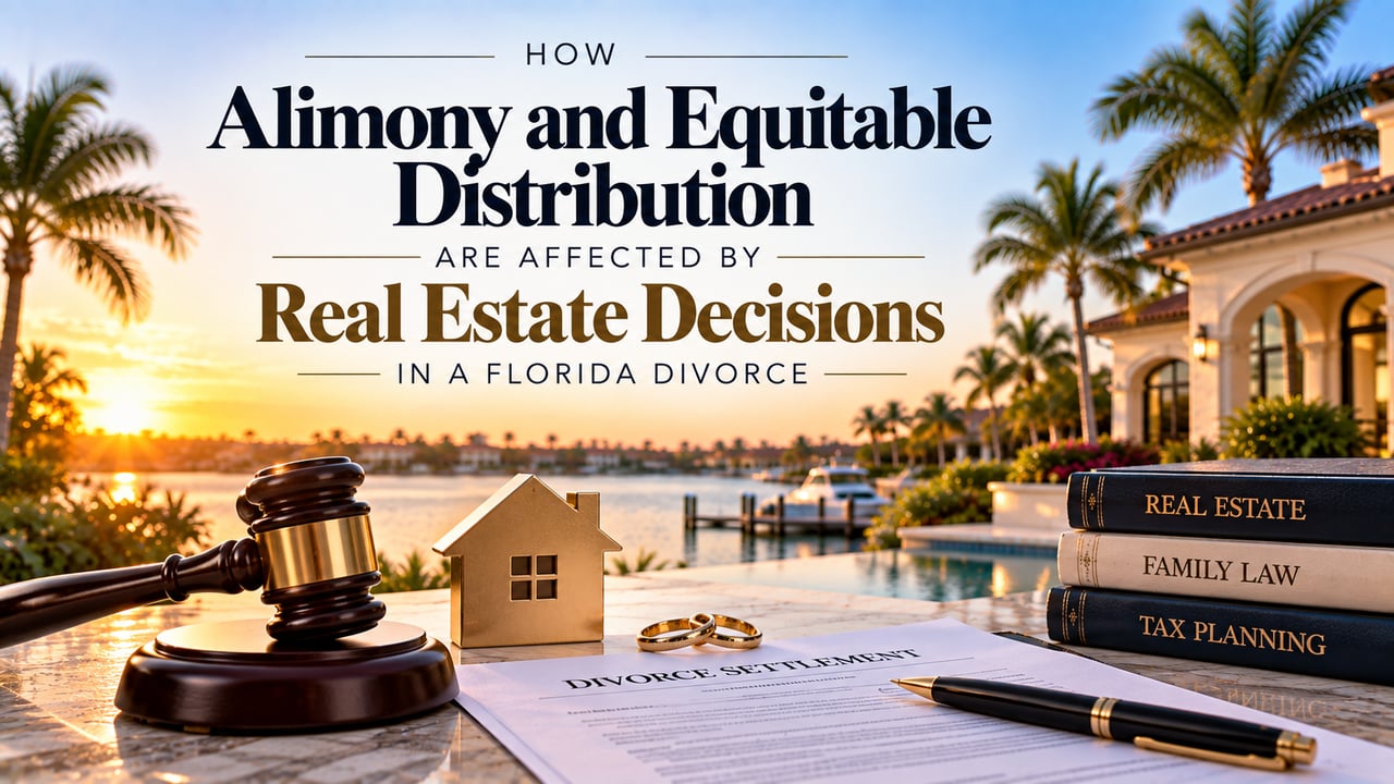 Florida waterfront home with divorce settlement documents, wedding rings, a house model, and legal gavel, illustrating how real estate decisions can affect alimony, equitable distribution, home equity, and financial settlements in a Florida divorce.