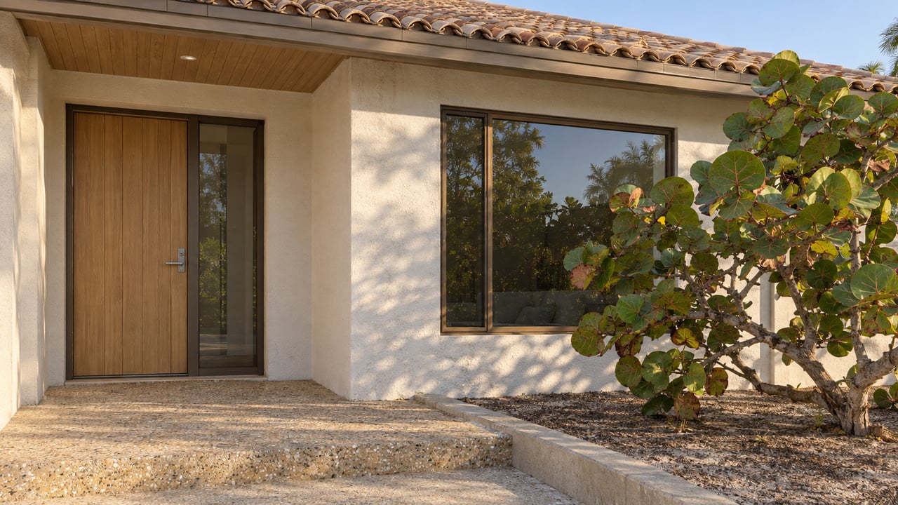 Late-afternoon light on a warm-white stucco home with a terracotta roof, recessed wood door and a sculptural sea grape beside the front window.