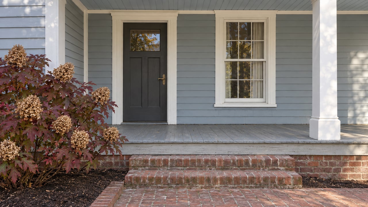 Gray-blue clapboard home with a charcoal door, white sash window, weathered covered porch and brick steps beside an oakleaf hydrangea in autumn color.