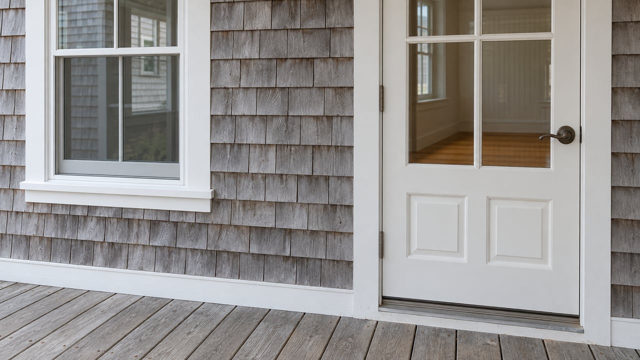 Close view of a weathered cedar-shingle home's white glazed entry door and window above a timber porch landing.