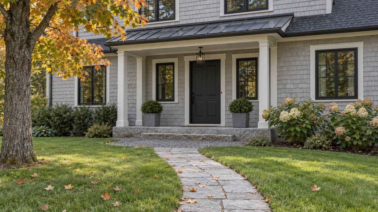 A gray-shingled house entrance with a dark door, curving granite path, lawn, and amber maple leaves.