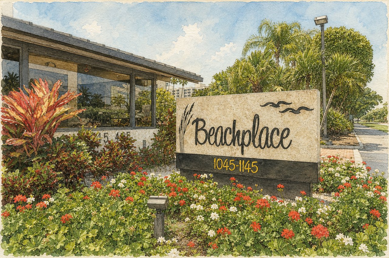 Beachplace entrance sign beside a modern building, palms, and colorful flowering shrubs.