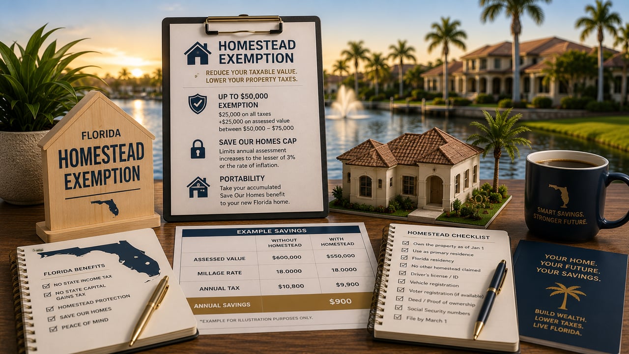Florida homestead exemption planning materials with a luxury Southwest Florida home, tax savings worksheet, property documents, and waterfront backdrop, illustrating the Florida Homestead Exemption, Save Our Homes assessment cap, portability benefits, and property tax savings for homeowners in Naples, Fort Myers, Bonita Springs, Estero, and Cape Coral.