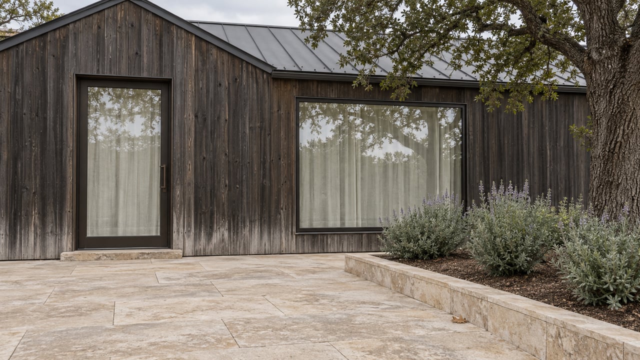 Dark cedar-clad gabled home with glazed bronze-framed entry, weathered limestone terrace and oak-shaded sage planting.