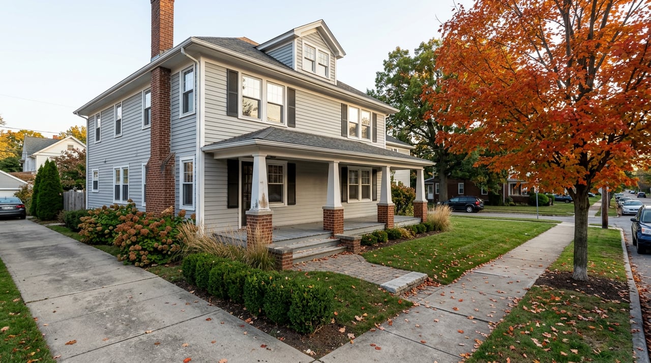Two-story gray clapboard house with covered porch, brick chimney, and orange-red maple beside the lawn.