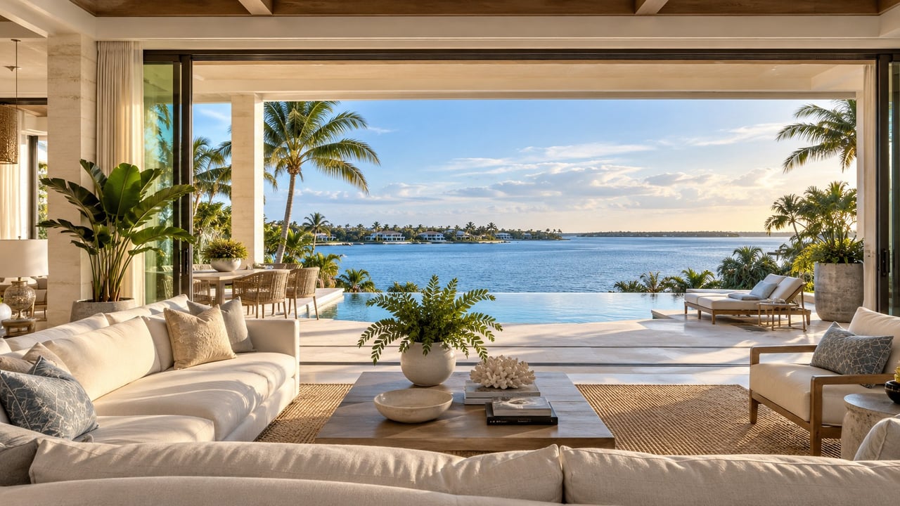 Waterfront living room with cream sofas, an open patio, and a pool framed by palm trees.