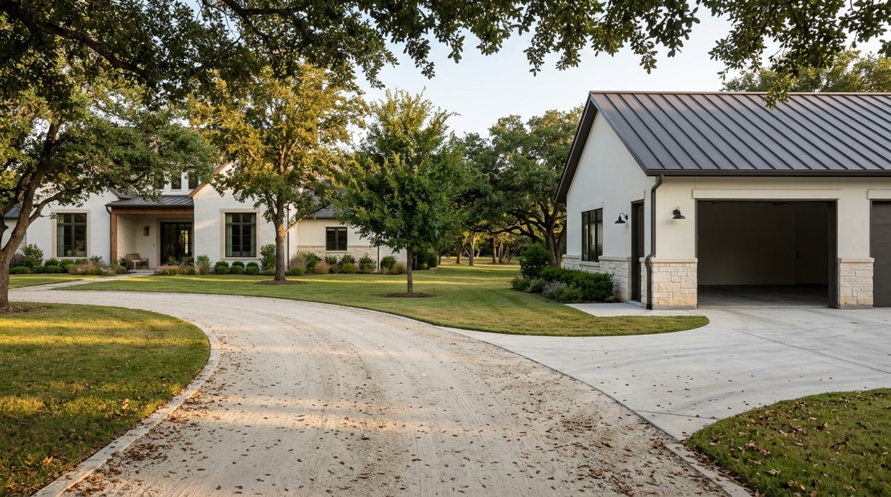 Acreage estate with a detached garage and a driveway lined by live oaks.