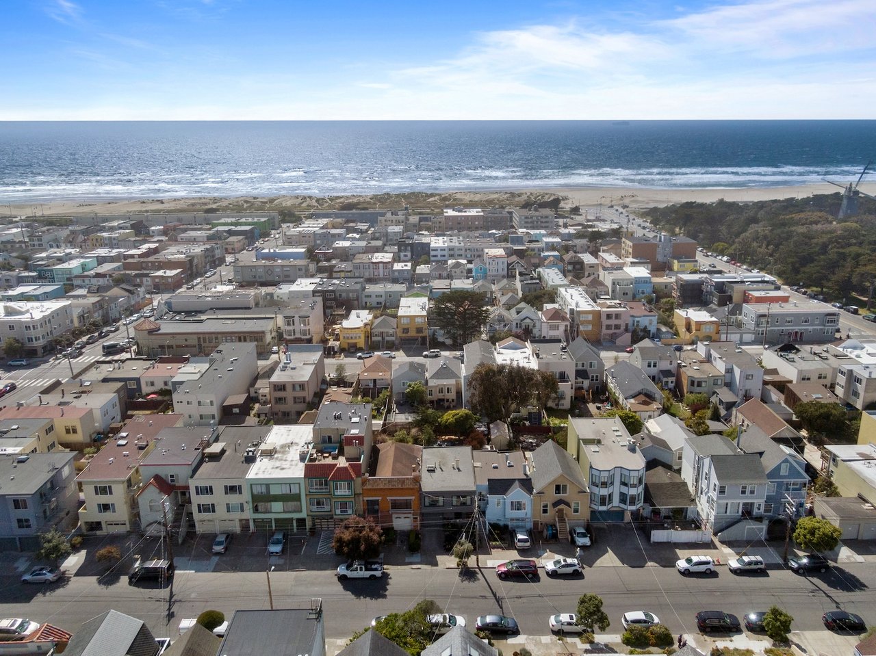 Aerial view of the Outer Sunset District in San Francisco showing rows of houses leading to Ocean Beach and the Pacific Ocean.