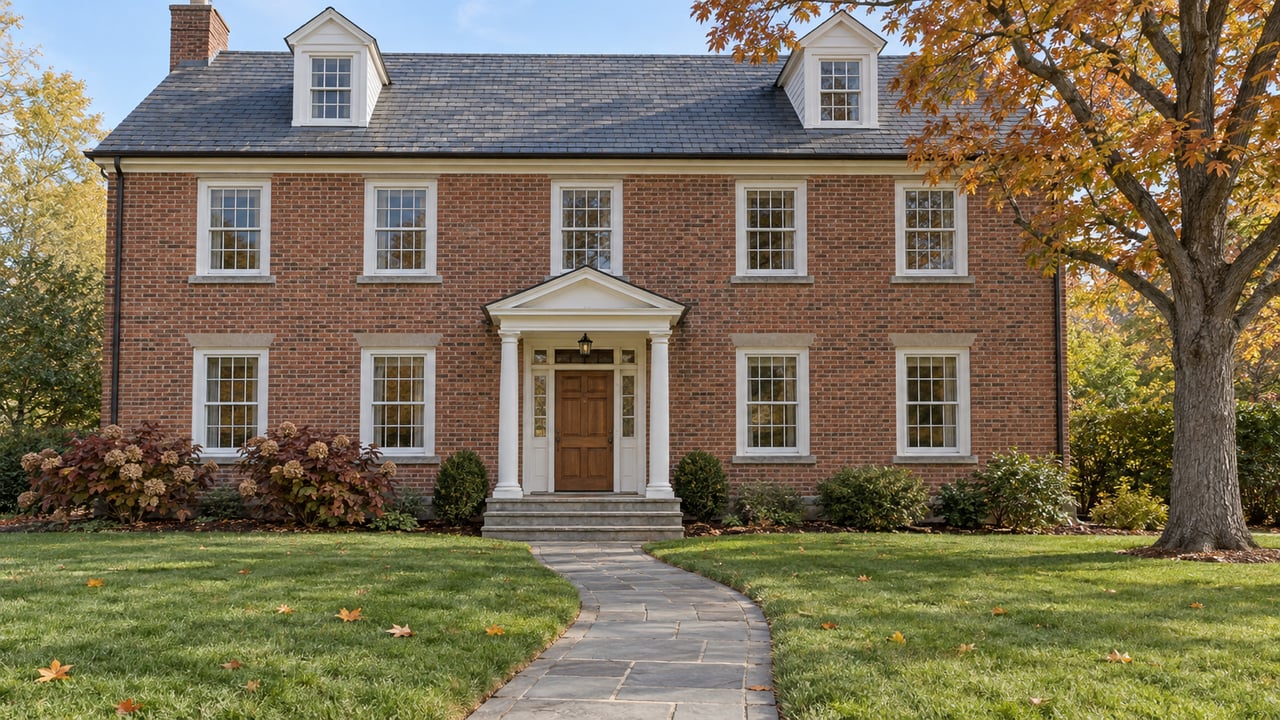 A balanced brick home with white trim, a stone front walk, and a sugar maple turning orange beside a deep autumn lawn.