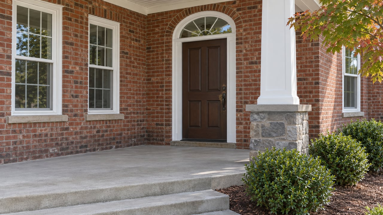 Covered brick-home entry with an arched transom, white porch column on a stone pier, concrete steps, and early-fall foliage.