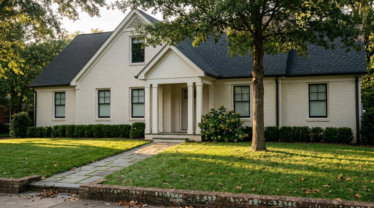 Two-story white-painted brick home with a gabled porch, mature tree canopy, and stone path across a broad lawn.