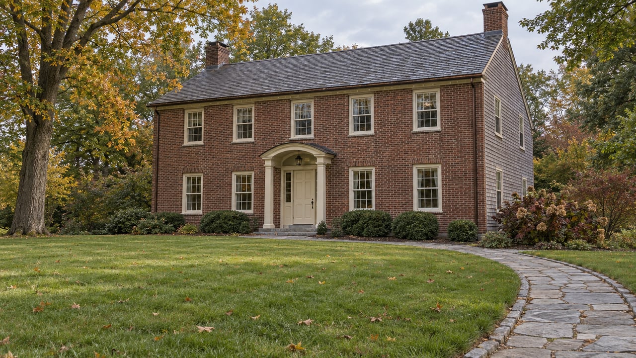 Two-story brick Colonial house with a slate roof, white entry, and curved stone walkway.