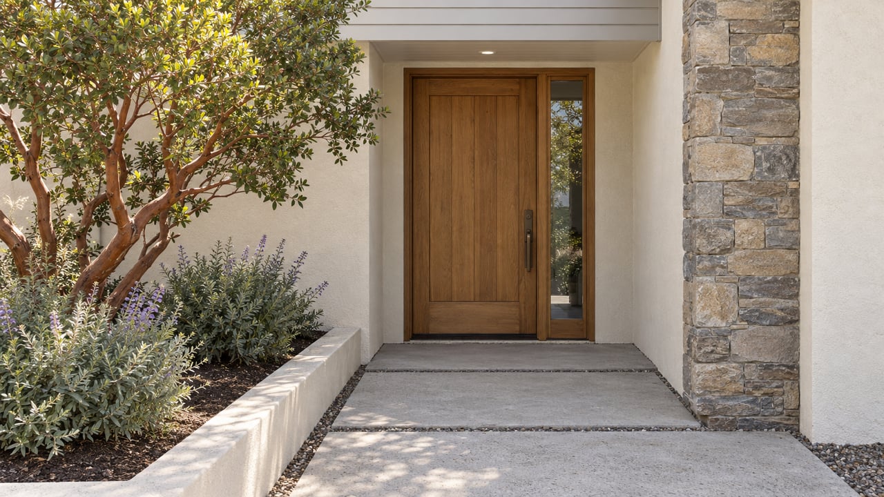 Oak entry door with glazed sidelight, stone pier, concrete approach pads, and twisting manzanita beside the curb.