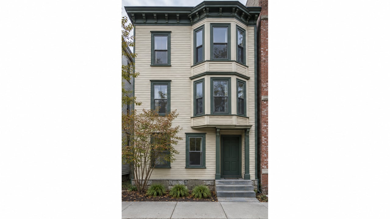 Three-story cream clapboard house with green-trimmed bay windows, granite base, and a small planted setback.