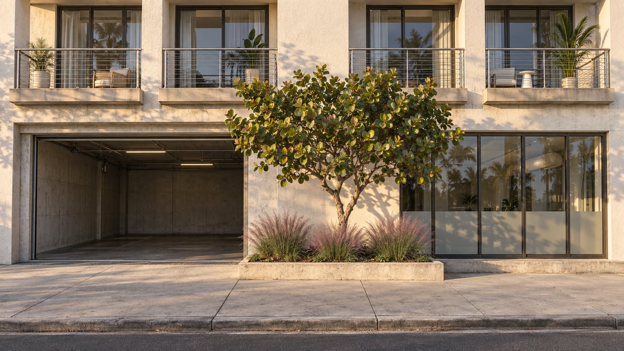 Stucco building with open garage, glass bay, balconies, and a leafy tree in raised planter.