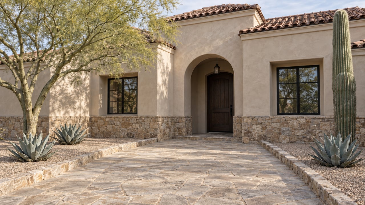 Foothill home with an arched dark wood entry, clay-tile roofs, and desert plants beside a flagstone approach.