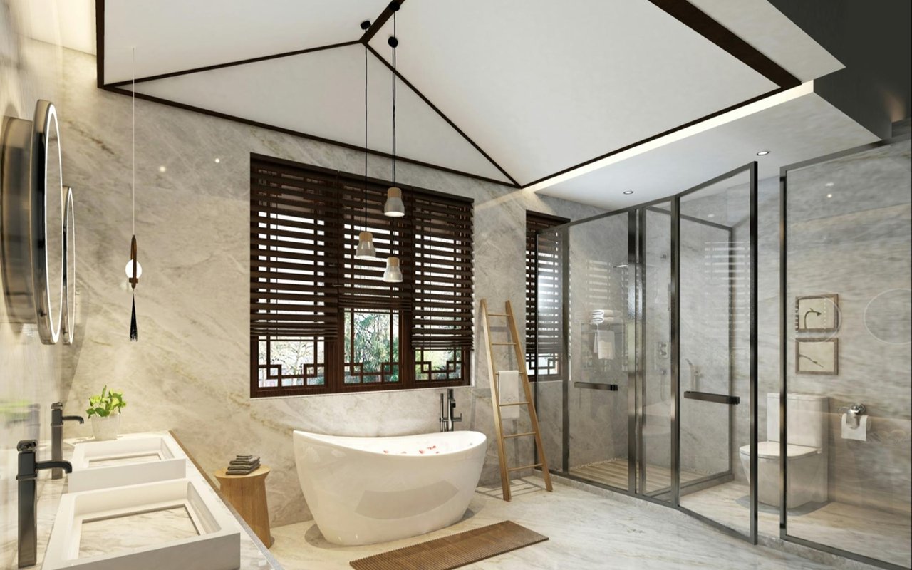 Contemporary marble bathroom with a freestanding tub, double sinks, and a glass-enclosed shower.