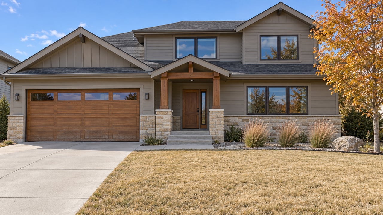 Two-story house with gray siding, a stone base, cedar garage door and deep autumn lawn beside an orange-gold maple.