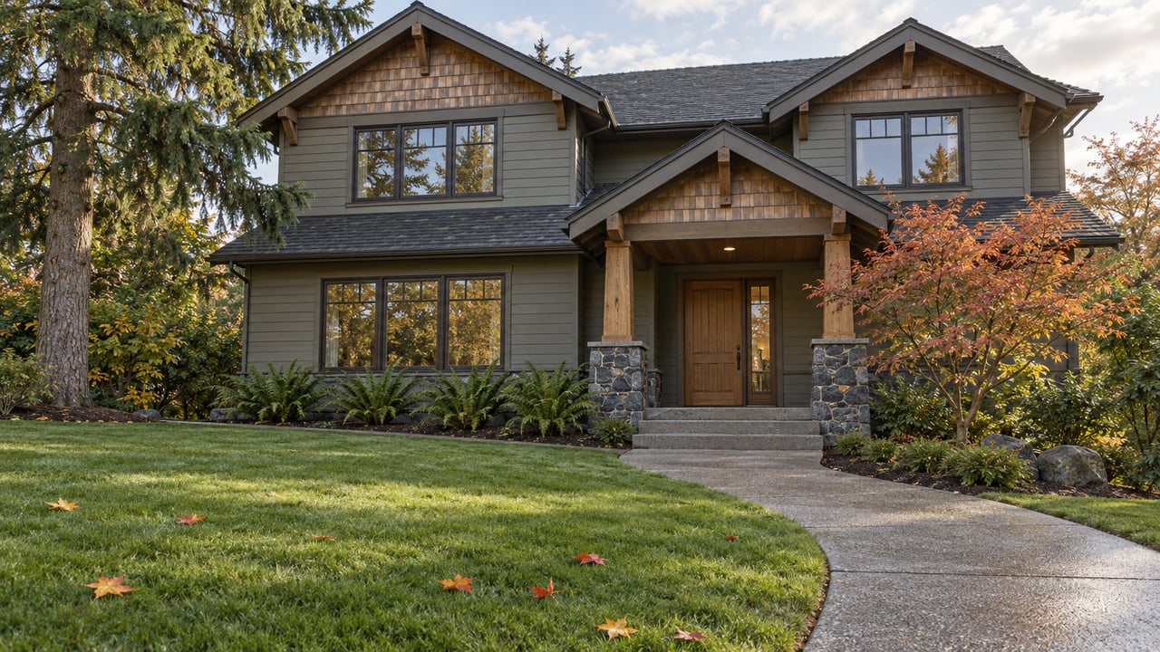 A gray-green Craftsman home beyond a deep lawn, with cedar gables, a basalt-supported porch and an orange-red vine maple.