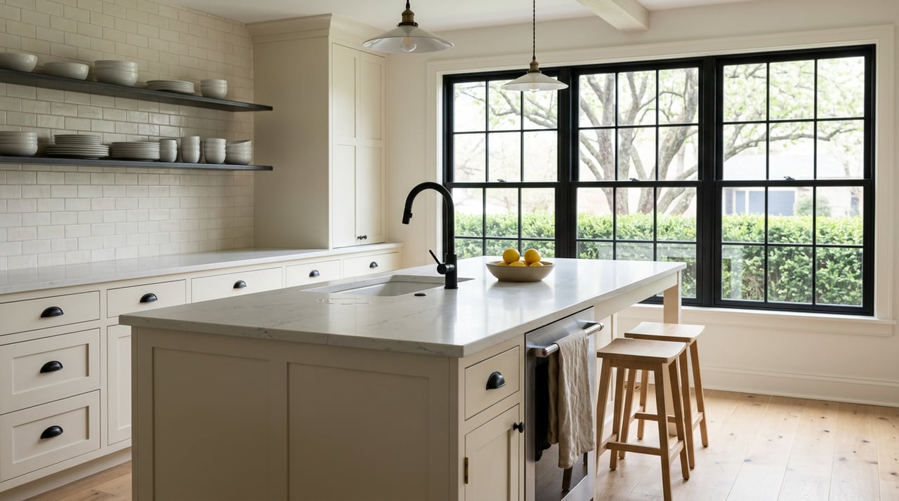 Cream shaker kitchen with a veined quartz island, two stools, black-framed windows, and a bowl of lemons.