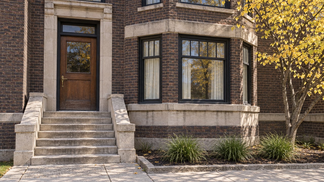 Dark brick residence with limestone entrance steps, an oak door, black sash windows and a golden-leaved redbud.