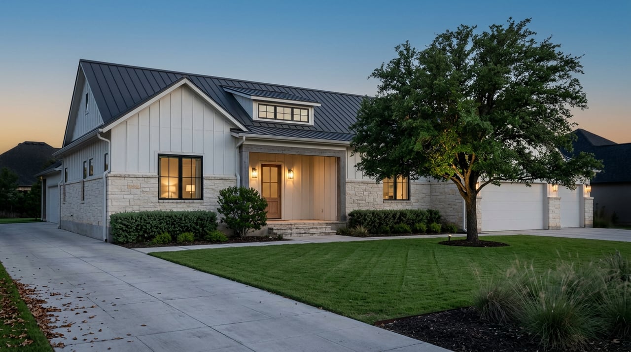 Contemporary limestone-and-white home with a wood-beamed entry, flanked by warm sconces beneath an uplighted live oak.