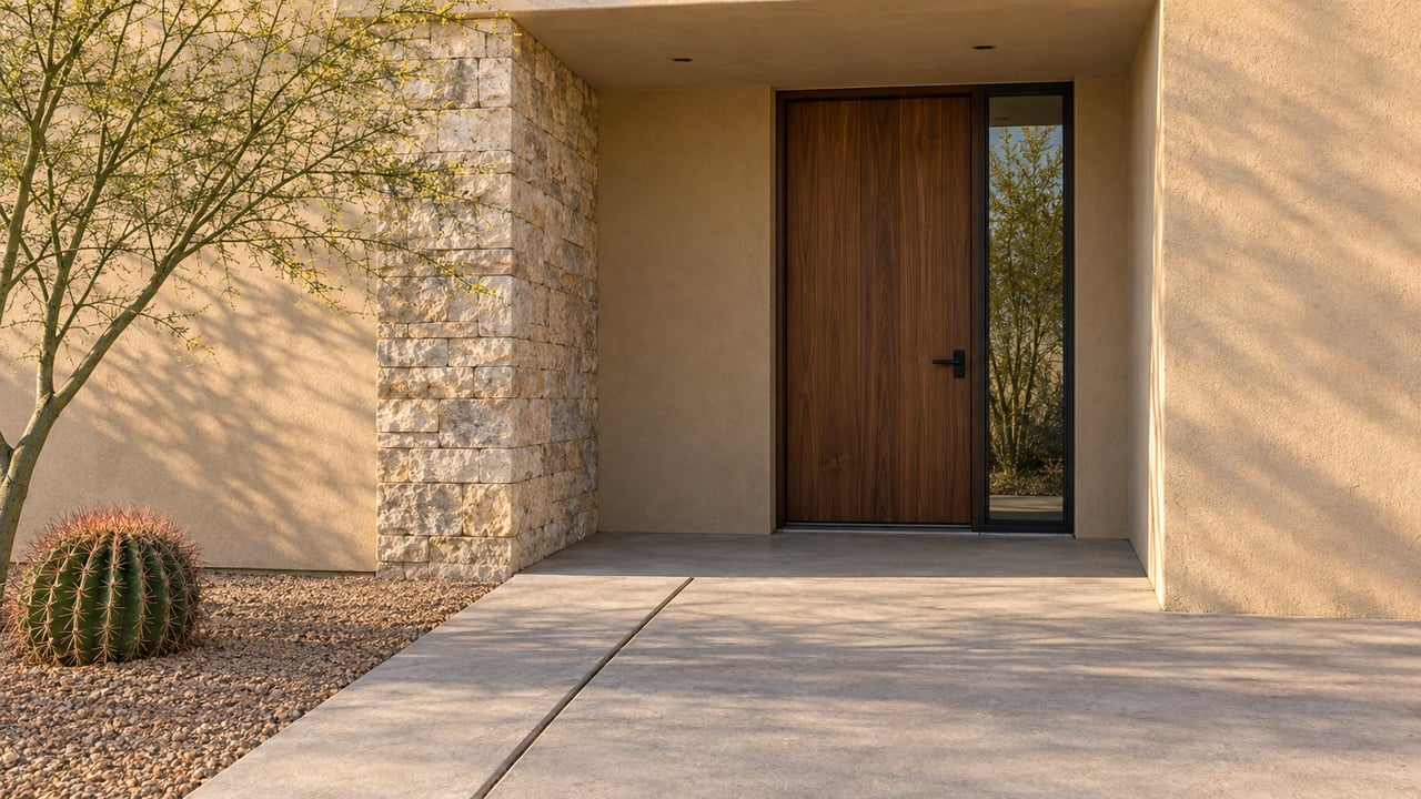 Desert-modern home with a recessed walnut door, limestone return wall, and cactus beside the concrete approach.
