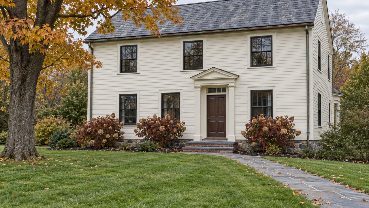 Light-clapboard home with a slate roof, dark divided-light windows, bluestone approach and deep autumn lawn beneath an amber maple.