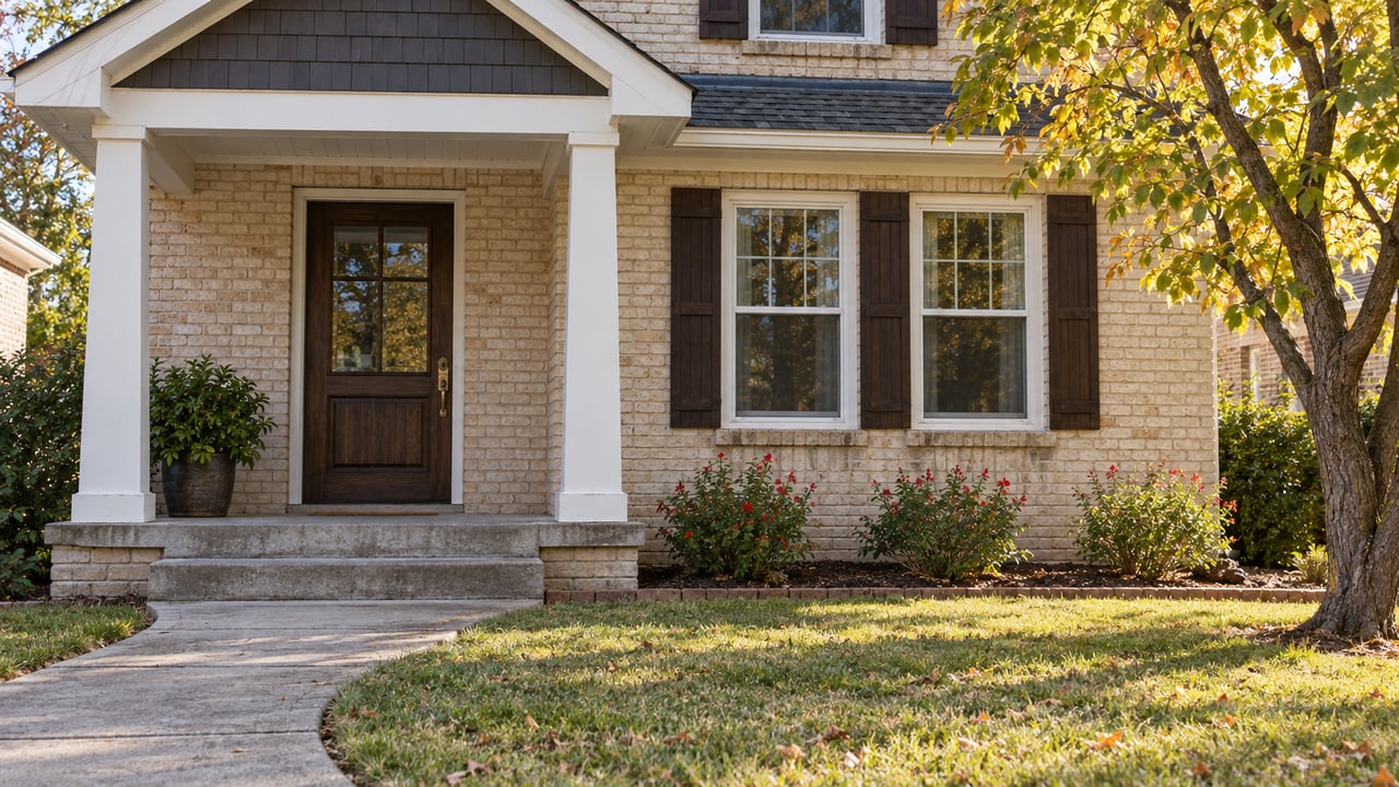 Cream-brick home with a shaded oak entry door, paired sash windows, weathered concrete steps, and a small autumn lawn.