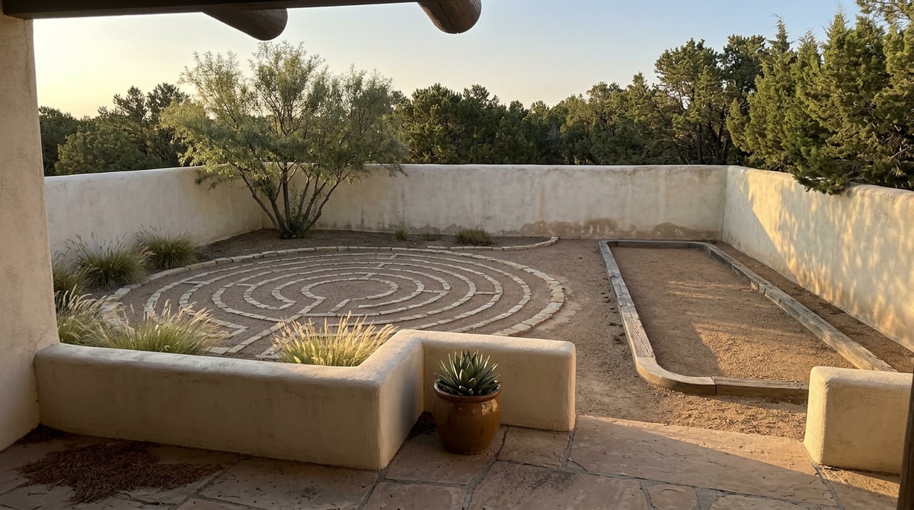 Walled courtyard with a spiral stone-edged labyrinth, adjacent gravel court, desert willow, and potted agave.