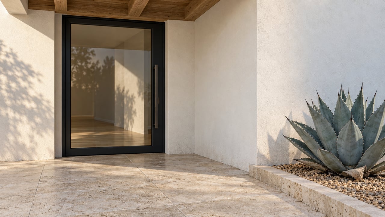 A recessed glass entry beneath wood beams, with ivory travertine paving and a blue-gray agave beside a white plaster pier.