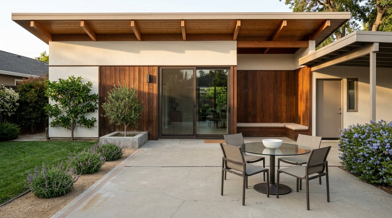 Mid-century modern rear patio opens onto a yard, with space for entertaining and a glimpse of parking.