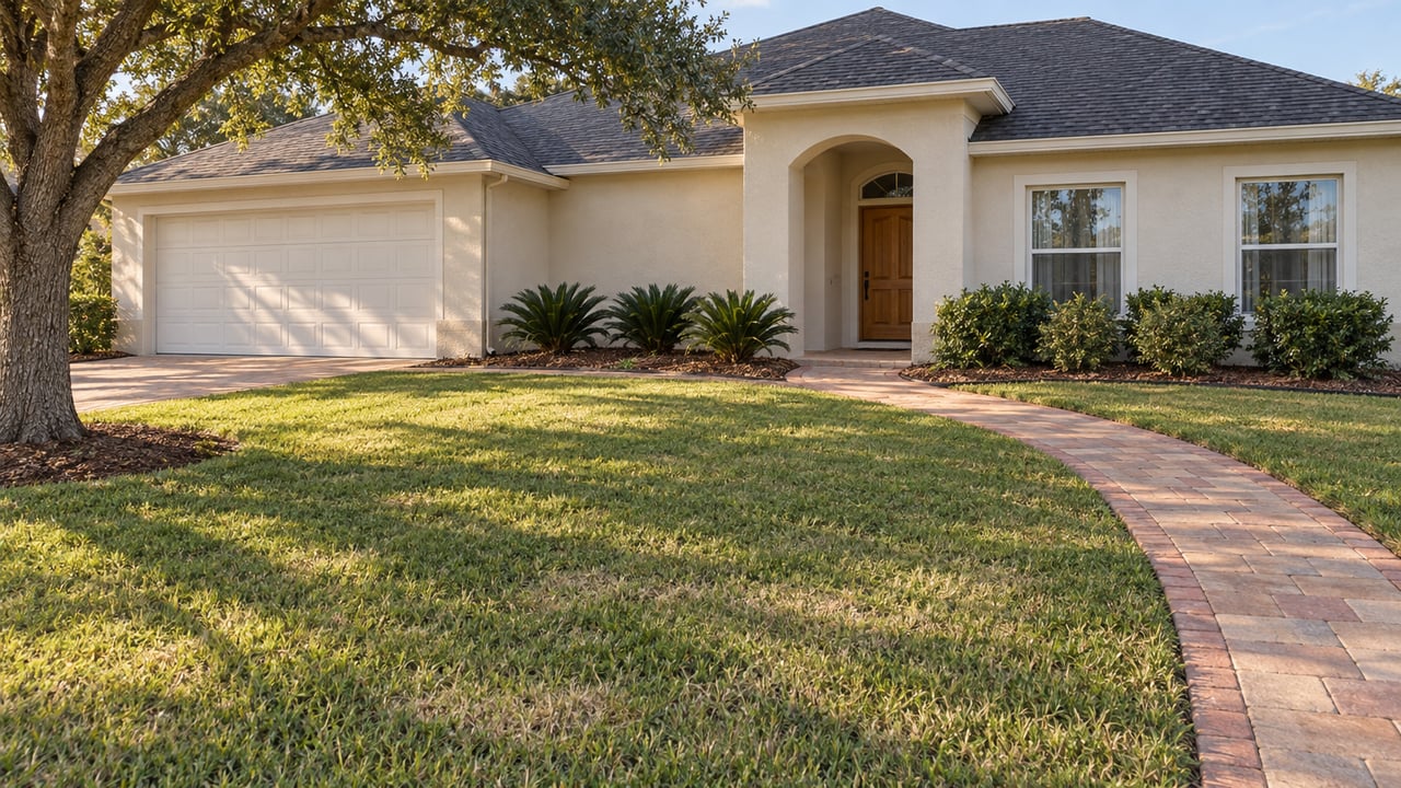 A broad, softly mottled front lawn and curved paver walk lead to an ivory stucco home with a dark hip roof and shaded arched entrance.
