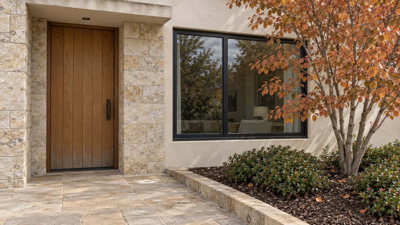 Oak townhouse entry beside a black-framed window, cream stucco and pale sandstone, with copper-colored serviceberry leaves along a compact stone approach.