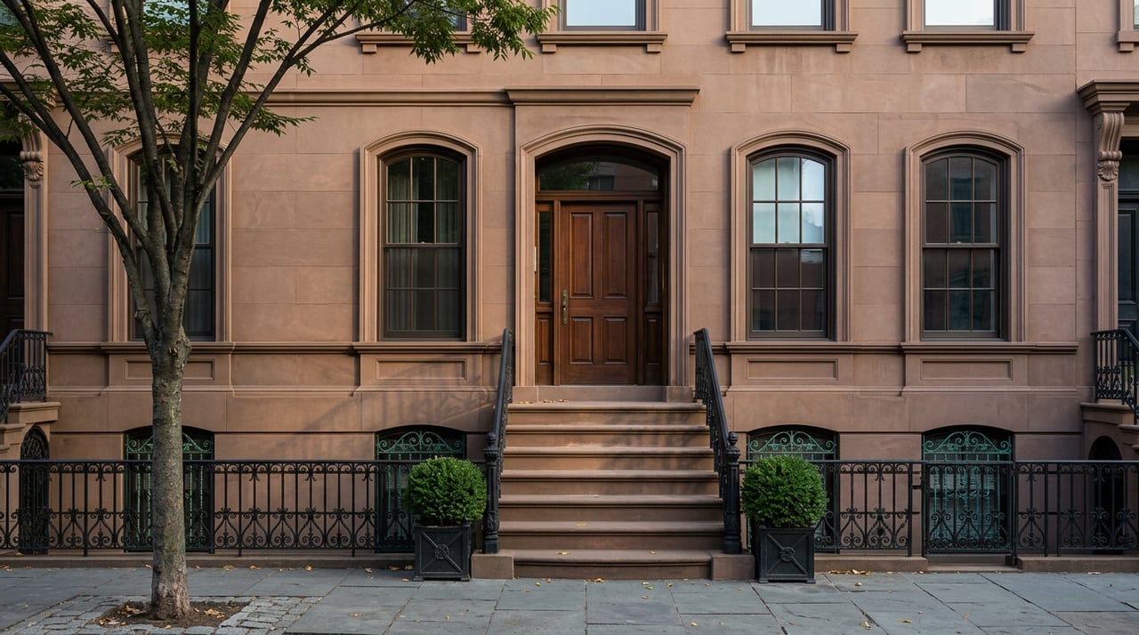 Brownstone rowhouse with a worn stone stoop, ornate iron railings, and two clipped boxwood shrubs.