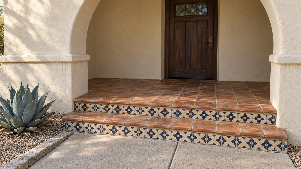 Cream stucco arched porch with a dark oak entry door, worn terracotta landing, patterned ceramic stair risers, and one blue-gray agave.