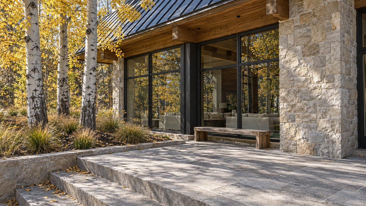 Golden aspen trees beside a limestone terrace and a glass-enclosed timber-and-stone home in autumn.