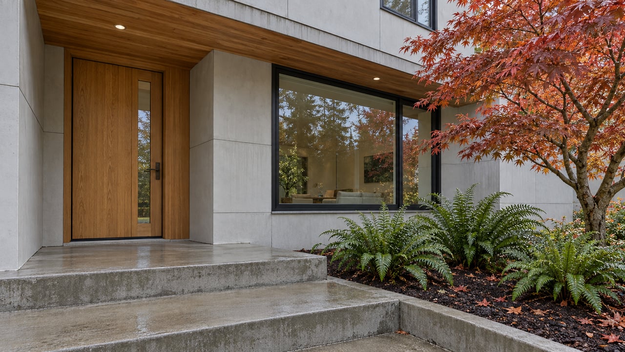 Modern home entrance with a wood soffit, glazed wood door, black-framed window, damp concrete steps, red Japanese maple and sword ferns.