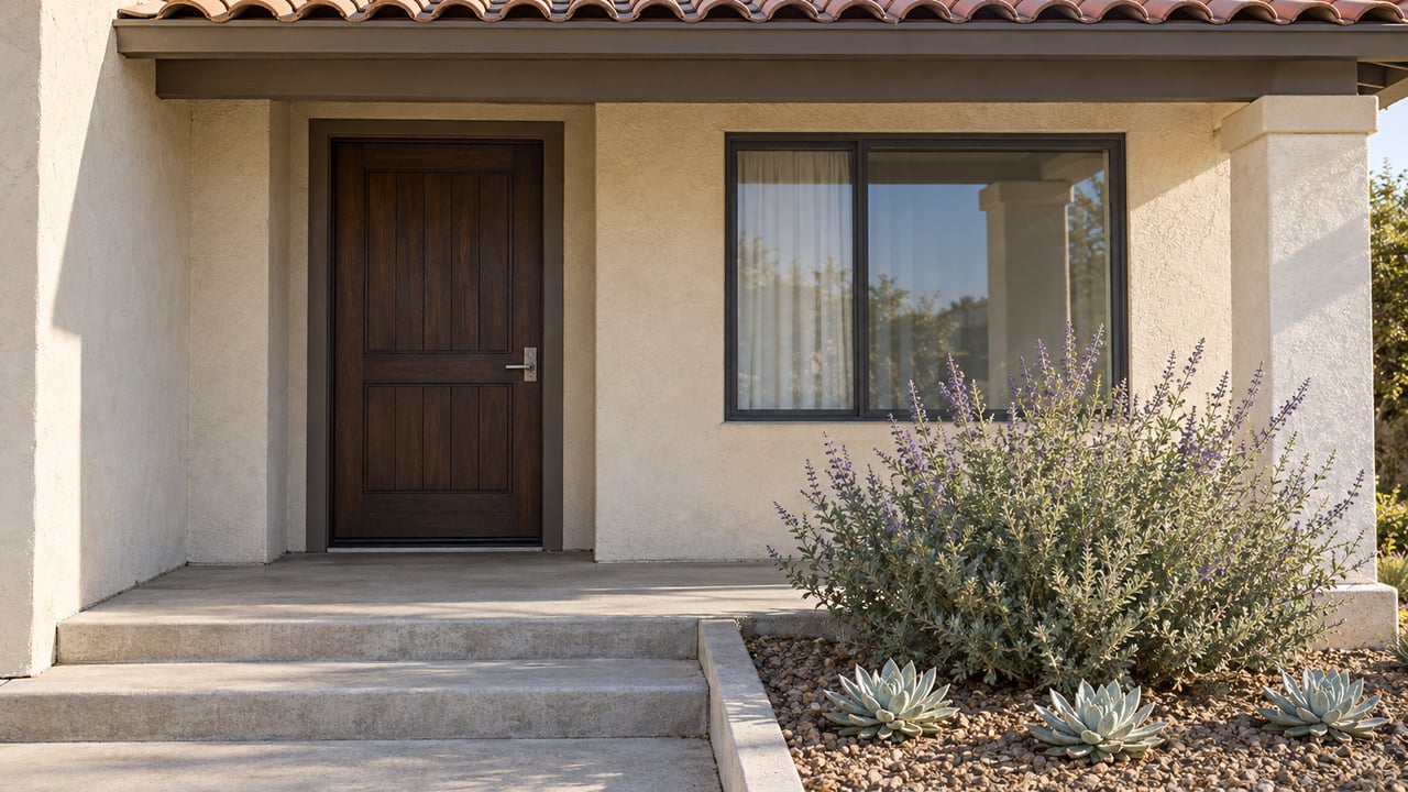 Sunlit stucco home entry with a dark wood door, clay roof tiles, concrete steps and a small drought-tolerant planting bed.