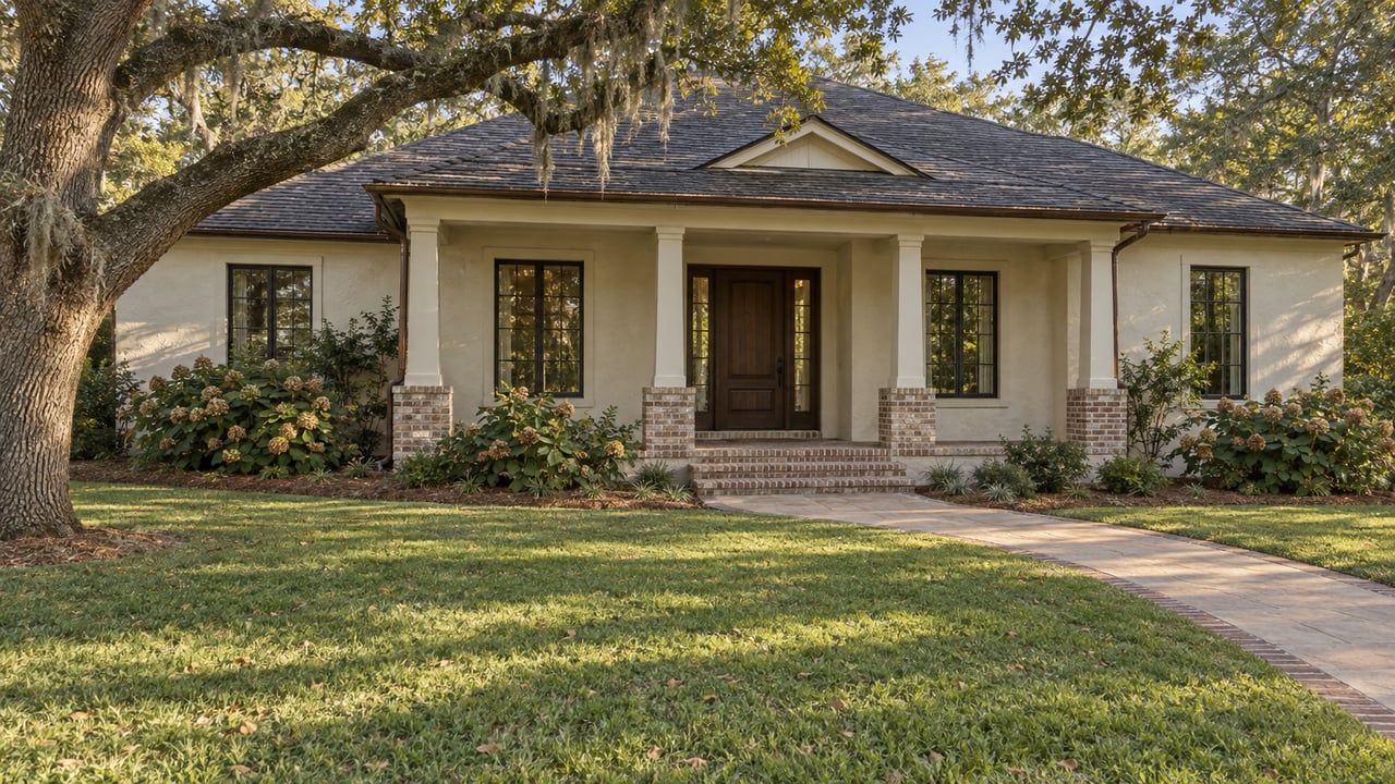 Cream-stucco home with a shaded brick porch, broad lawn and a spreading live oak in warm afternoon light.