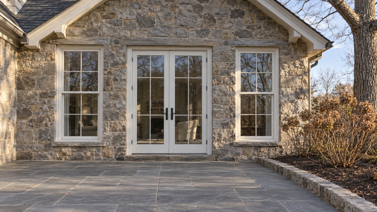Winter sunlight grazes a stone-clad home's glazed double doors and flagstone rear terrace beside oakleaf hydrangeas.