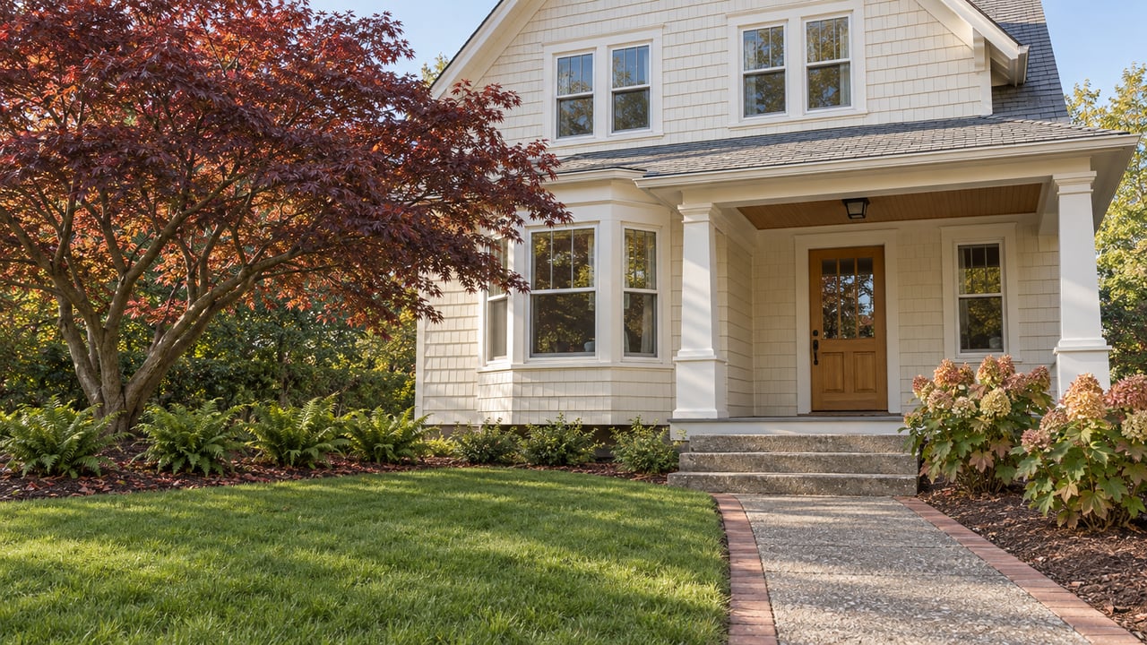 Restored cream-shingled home with a covered porch, bay window and brick-edged garden walk beside a burgundy Japanese maple.