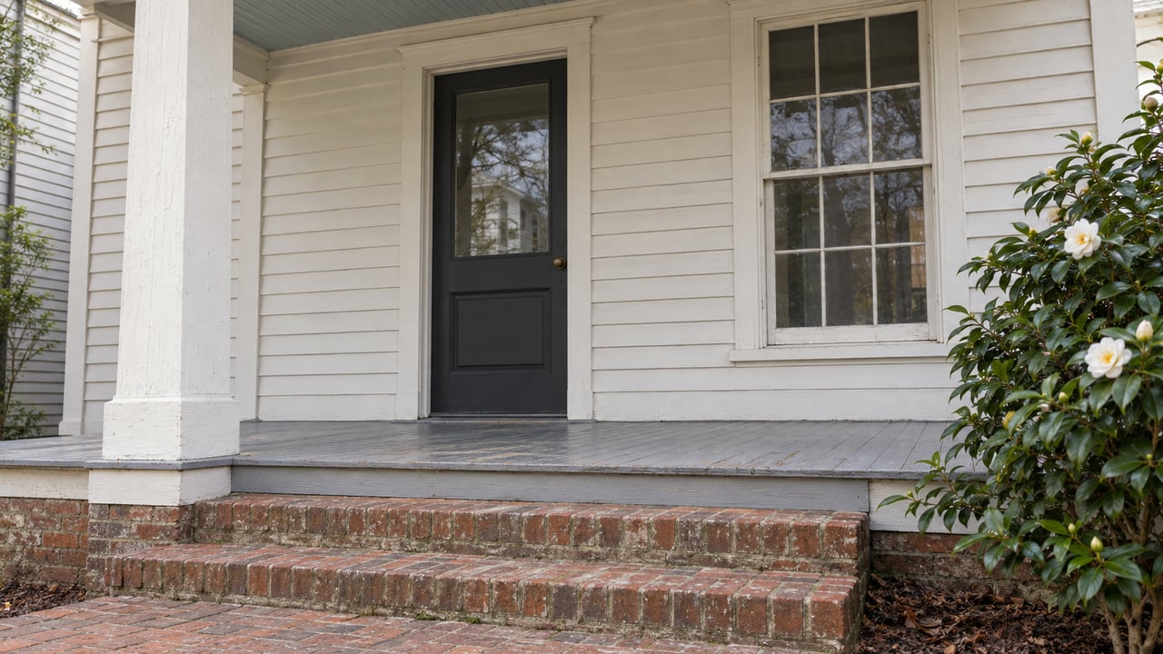An older clapboard home's covered entry, with a charcoal glazed door, tall sash window, worn painted porch floor and red brick steps beside a white-flowering camellia.