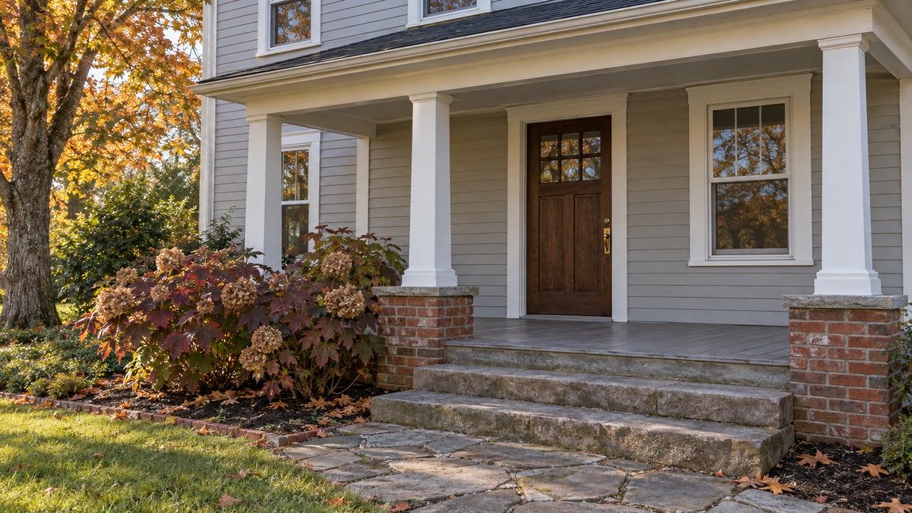 Autumn light on a gray clapboard home's sheltered porch, stone steps, and oakleaf hydrangeas.