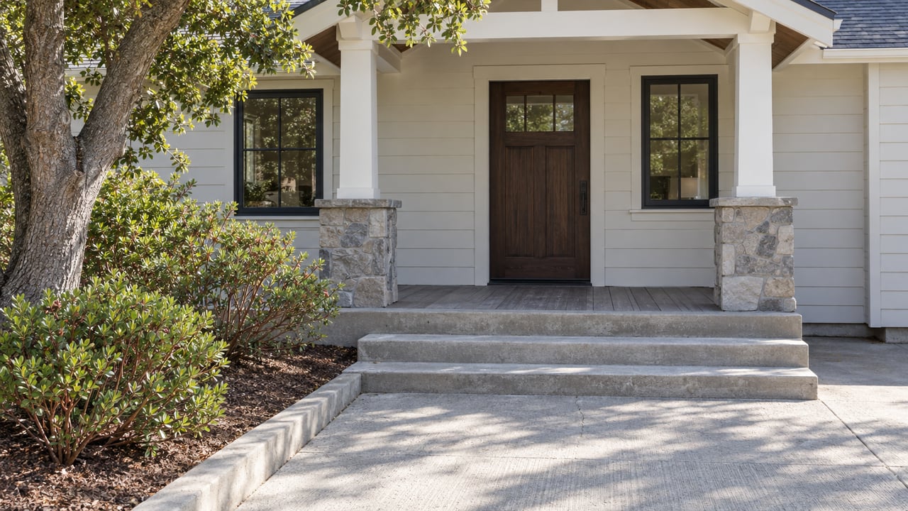 Updated home entry with pale horizontal siding, dark wood door, stone porch plinths and broad concrete steps beside an oak and manzanita planting bed.