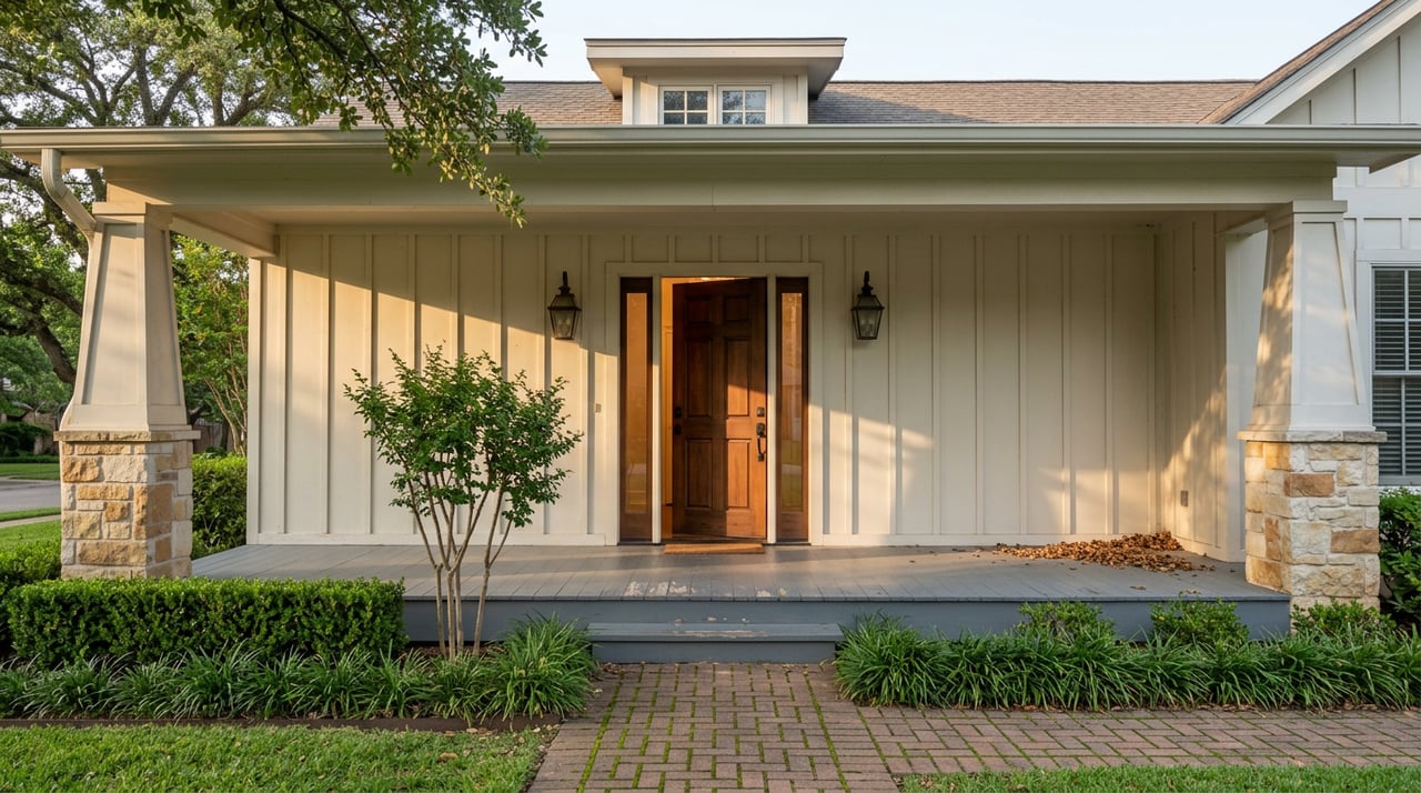 Craftsman-style home with limestone porch piers, a slightly open walnut door, and a brick walkway through landscaped grounds.
