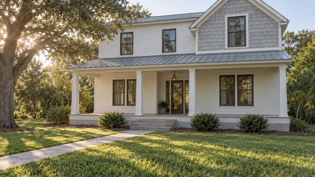 Two-story coastal home with a deep lawn, concrete walkway, covered porch, and oak tree at the left.