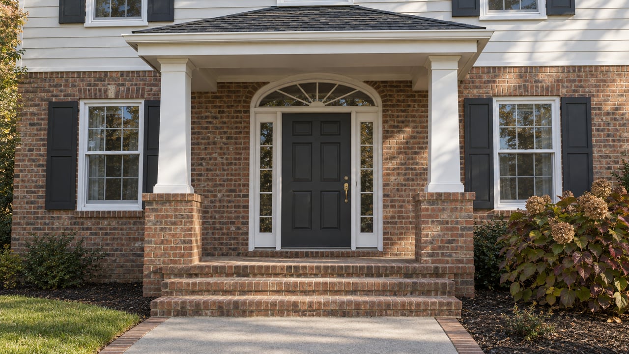 Brick home entry with a white timber portico, charcoal door, paired windows and autumn oakleaf hydrangea beside brick steps.