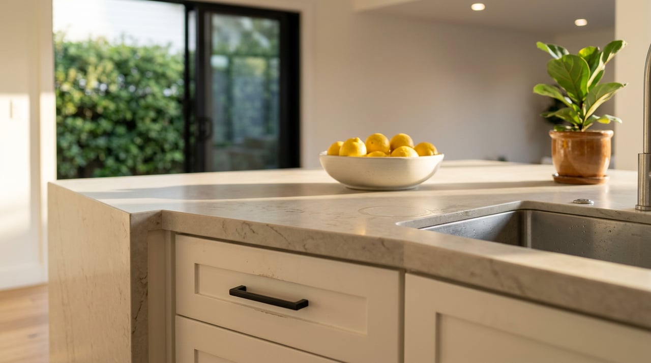Warm white kitchen island with a veined quartz counter, bowl of lemons, and green foliage beyond a glass door.